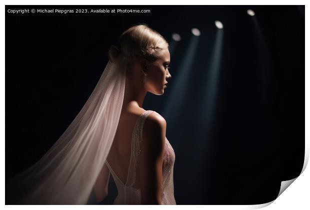 Gorgeous woman wearing a thin translucent silk veil on the catwa Print by Michael Piepgras