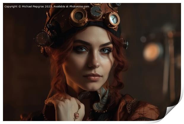 A beautiful portrait of a young woman in a steampunk outfit crea Print by Michael Piepgras