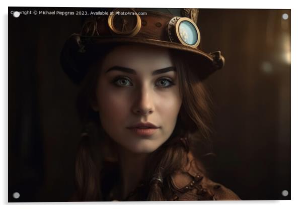 A beautiful portrait of a young woman in a steampunk outfit crea Acrylic by Michael Piepgras