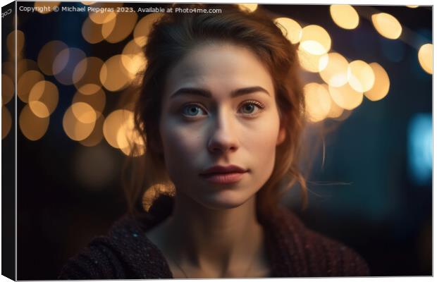 A beautiful portrait of a young woman with soft bokeh lights cre Canvas Print by Michael Piepgras