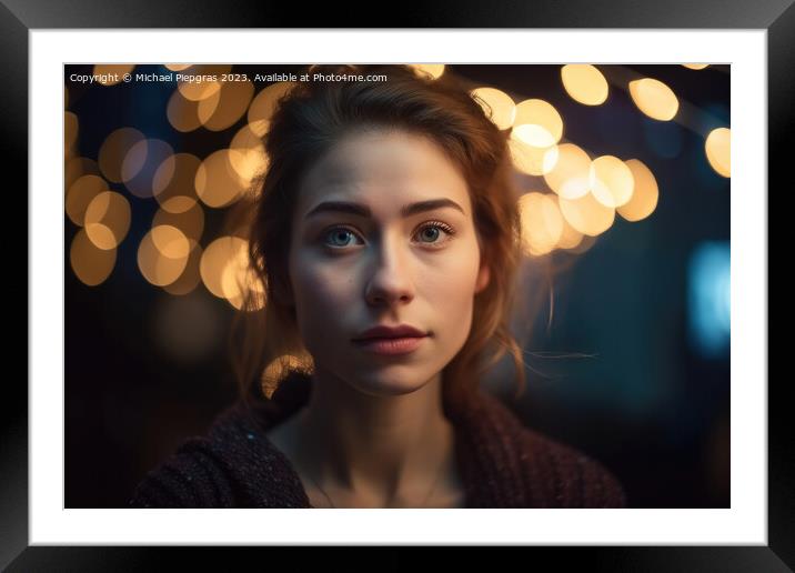 A beautiful portrait of a young woman with soft bokeh lights cre Framed Mounted Print by Michael Piepgras