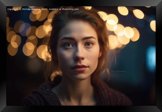 A beautiful portrait of a young woman with soft bokeh lights cre Framed Print by Michael Piepgras