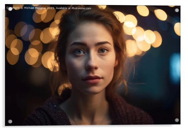 A beautiful portrait of a young woman with soft bokeh lights cre Acrylic by Michael Piepgras