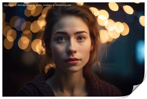 A beautiful portrait of a young woman with soft bokeh lights cre Print by Michael Piepgras