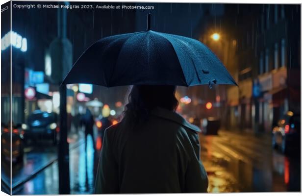 A young woman with an umbrella seen from behind walks in a moder Canvas Print by Michael Piepgras