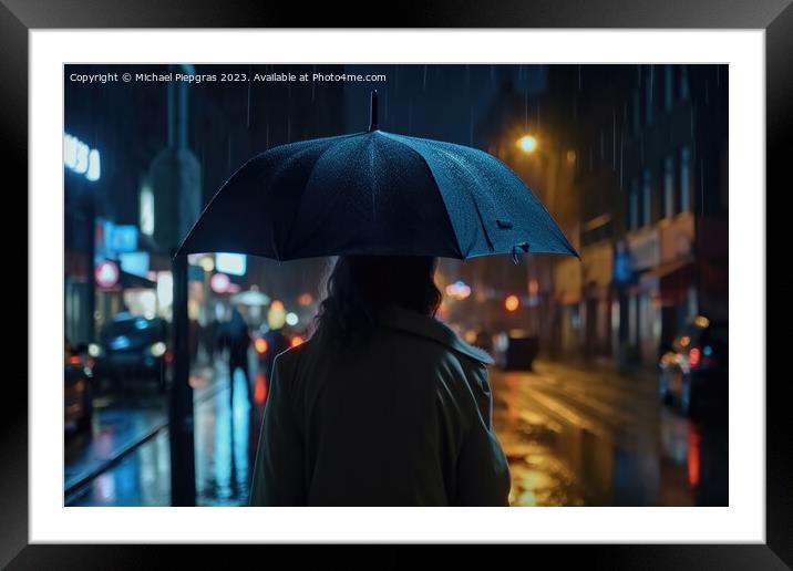 A young woman with an umbrella seen from behind walks in a moder Framed Mounted Print by Michael Piepgras