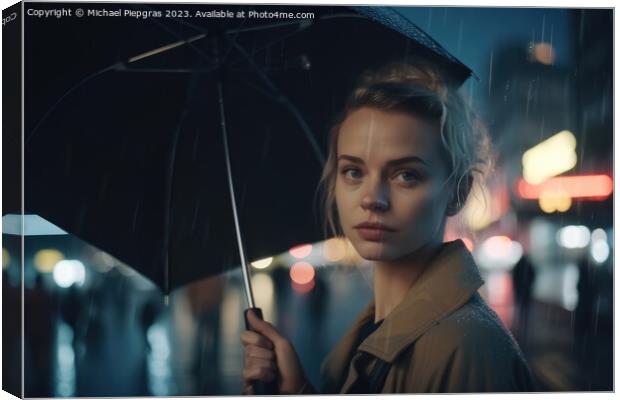 A young woman with an umbrella seen from behind walks in a moder Canvas Print by Michael Piepgras