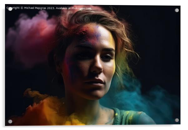 Exploding colour powder in rainbow colours forming a portrait of Acrylic by Michael Piepgras