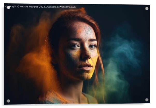 Exploding colour powder in rainbow colours forming a portrait of Acrylic by Michael Piepgras