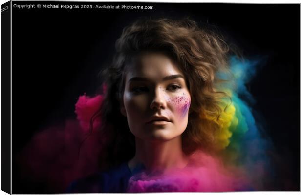 Exploding colour powder in rainbow colours forming a portrait of Canvas Print by Michael Piepgras