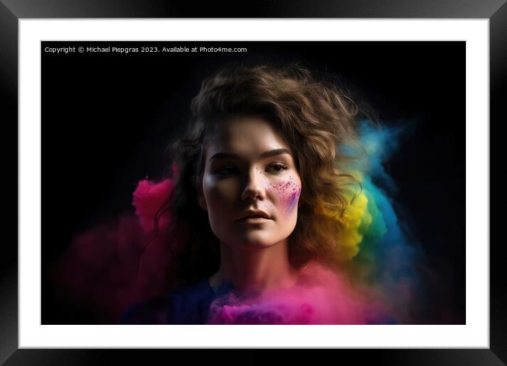 Exploding colour powder in rainbow colours forming a portrait of Framed Mounted Print by Michael Piepgras