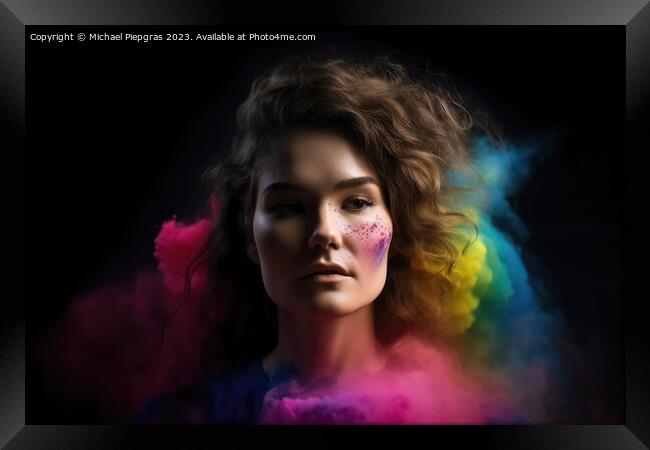 Exploding colour powder in rainbow colours forming a portrait of Framed Print by Michael Piepgras