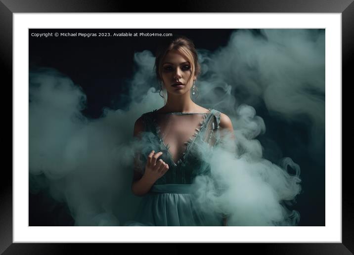 Gorgeous woman with an elegant dress and some smoke created with Framed Mounted Print by Michael Piepgras
