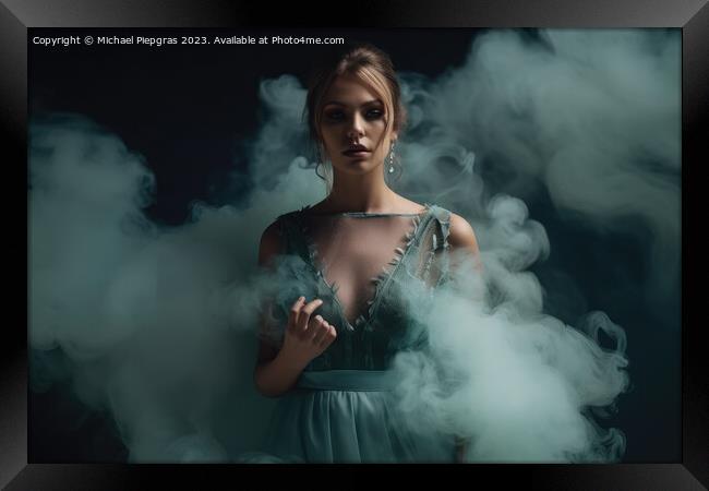 Gorgeous woman with an elegant dress and some smoke created with Framed Print by Michael Piepgras