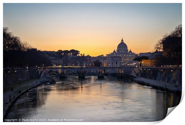 Sant Angelo bridge and St. Peter's cathedral in Rome, Italy Print by Paulo Rocha