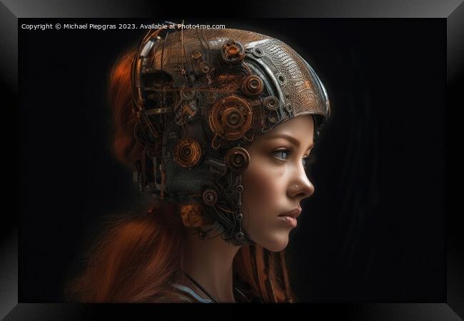 A female human cyborg portrait 1000 years in the future created  Framed Print by Michael Piepgras