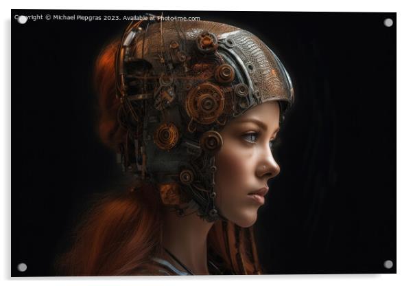 A female human cyborg portrait 1000 years in the future created  Acrylic by Michael Piepgras