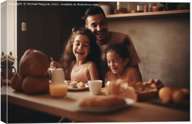 A happy family meeting in the kitchen for breakfast created with Canvas Print by Michael Piepgras