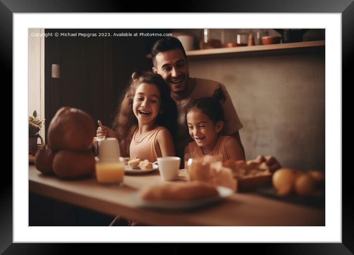 A happy family meeting in the kitchen for breakfast created with Framed Mounted Print by Michael Piepgras