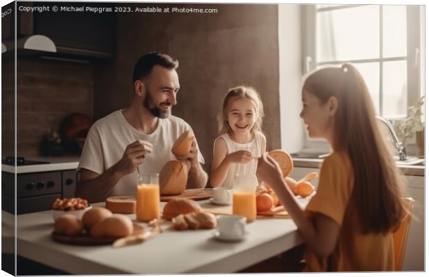 A happy family meeting in the kitchen for breakfast created with Canvas Print by Michael Piepgras