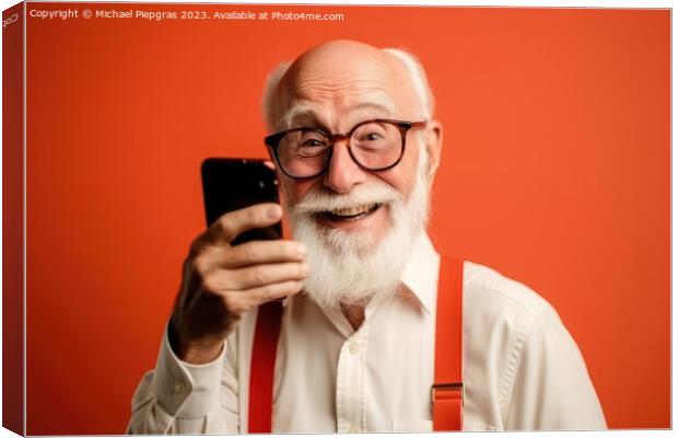 A happy retired old man holding a smartphone in his hands create Canvas Print by Michael Piepgras