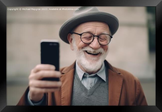 A happy retired old man holding a smartphone in his hands create Framed Print by Michael Piepgras