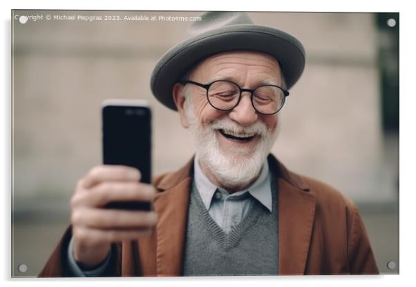A happy retired old man holding a smartphone in his hands create Acrylic by Michael Piepgras
