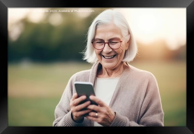 A happy retired old woman holding a smartphone in her hands crea Framed Print by Michael Piepgras