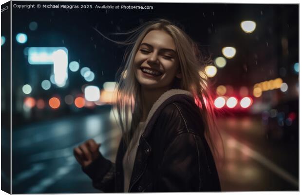 A happy woman runs around dancing at night in a modern city crea Canvas Print by Michael Piepgras