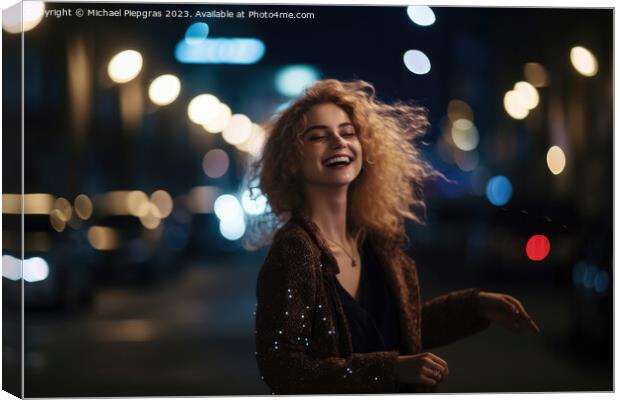 A happy woman runs around dancing at night in a modern city crea Canvas Print by Michael Piepgras