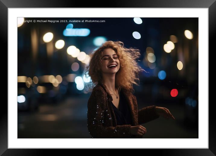 A happy woman runs around dancing at night in a modern city crea Framed Mounted Print by Michael Piepgras