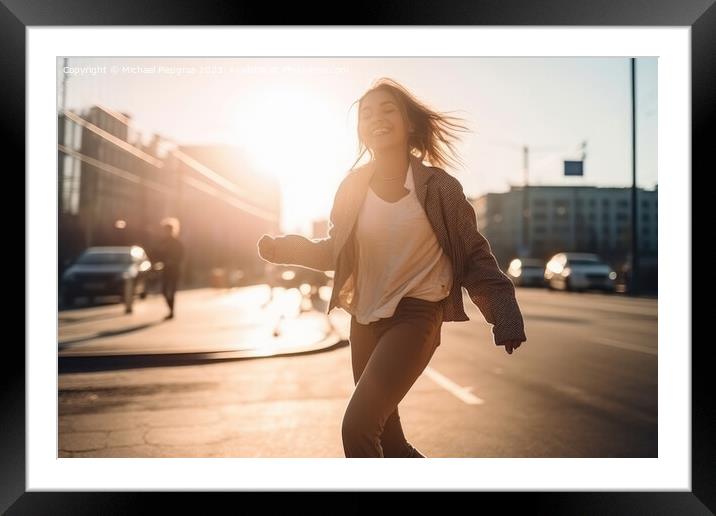 A happy woman runs around dancing in a modern city created with  Framed Mounted Print by Michael Piepgras