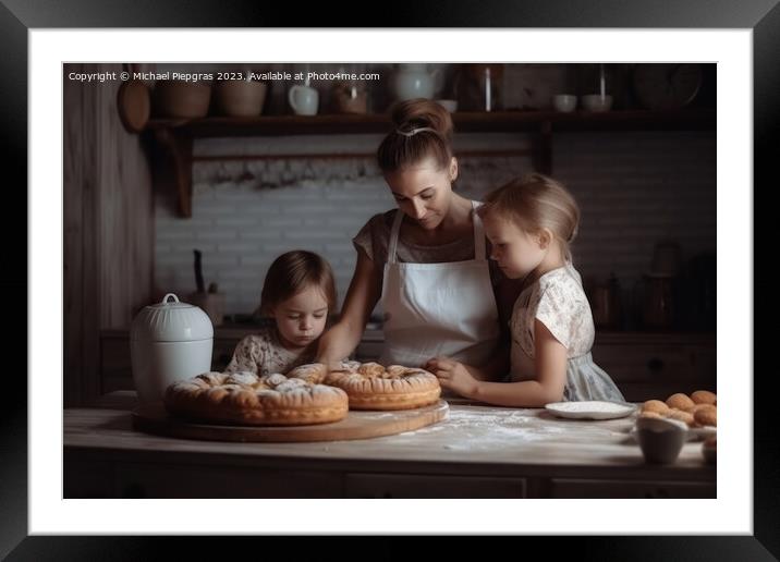 A mother baking with children in bright kitchen created with gen Framed Mounted Print by Michael Piepgras