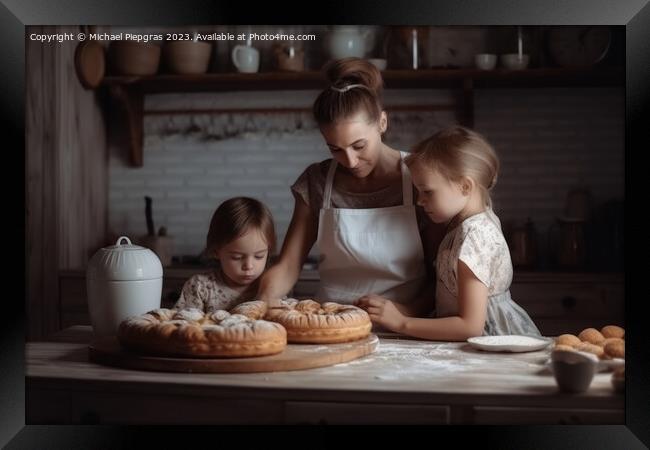 A mother baking with children in bright kitchen created with gen Framed Print by Michael Piepgras