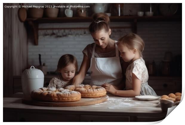 A mother baking with children in bright kitchen created with gen Print by Michael Piepgras