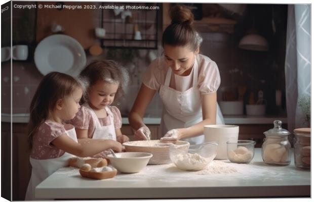 A mother baking with children in bright kitchen created with gen Canvas Print by Michael Piepgras