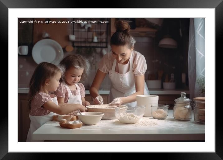 A mother baking with children in bright kitchen created with gen Framed Mounted Print by Michael Piepgras