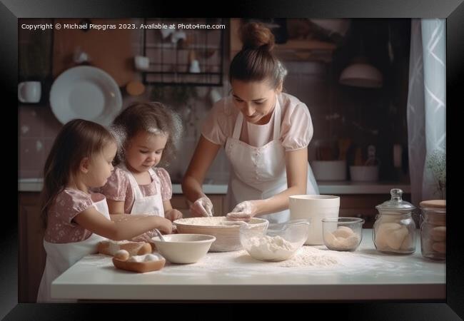 A mother baking with children in bright kitchen created with gen Framed Print by Michael Piepgras