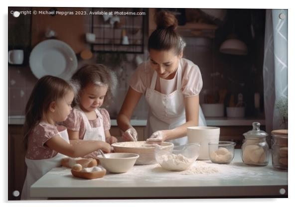 A mother baking with children in bright kitchen created with gen Acrylic by Michael Piepgras
