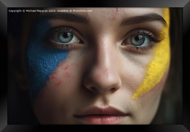 Close up of a female face with ukrainian colors created with gen Framed Print by Michael Piepgras