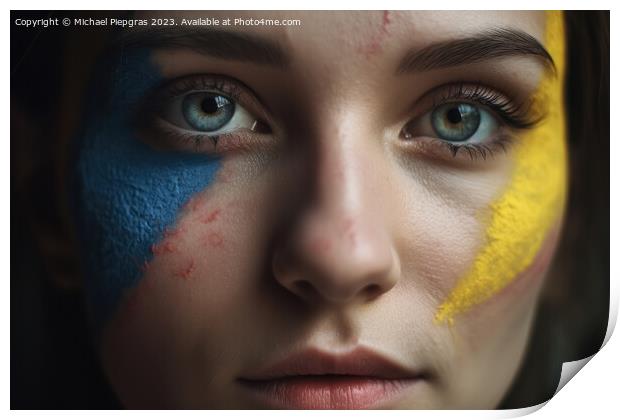Close up of a female face with ukrainian colors created with gen Print by Michael Piepgras