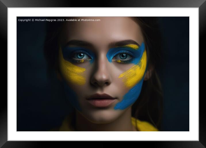 Close up of a female face with ukrainian colors created with gen Framed Mounted Print by Michael Piepgras