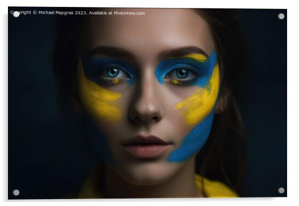 Close up of a female face with ukrainian colors created with gen Acrylic by Michael Piepgras