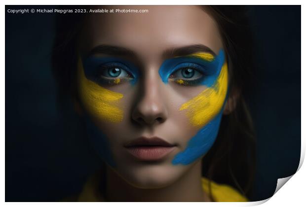 Close up of a female face with ukrainian colors created with gen Print by Michael Piepgras