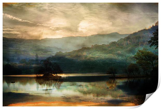 Daybreak in the Lakes Print by Irene Burdell