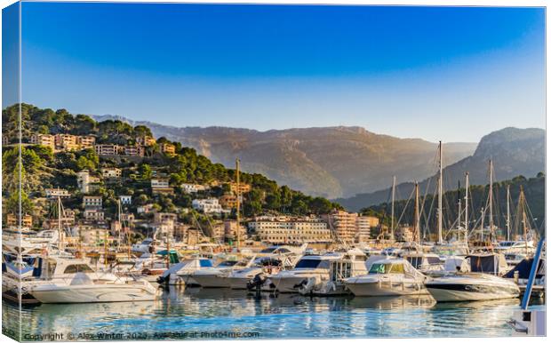 Idyllic view of the bay at Port de Soller with anchoring boats and beautiful landscape, Majorca Spain Canvas Print by Alex Winter