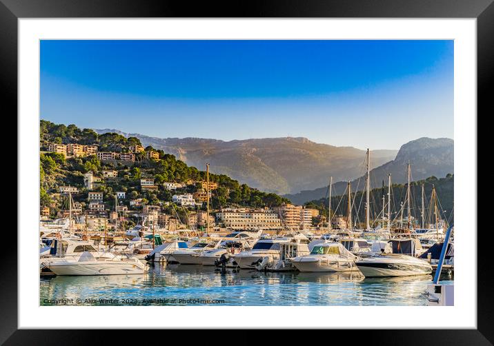 Idyllic view of the bay at Port de Soller with anchoring boats and beautiful landscape, Majorca Spain Framed Mounted Print by Alex Winter