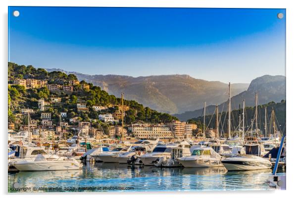 Idyllic view of the bay at Port de Soller with anchoring boats and beautiful landscape, Majorca Spain Acrylic by Alex Winter