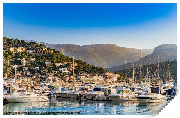 Idyllic view of the bay at Port de Soller with anchoring boats and beautiful landscape, Majorca Spain Print by Alex Winter
