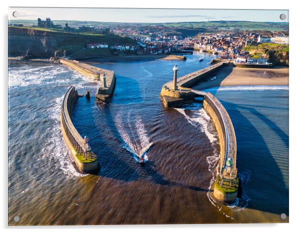 Boat leaves Whitby Harbour Acrylic by Tim Hill